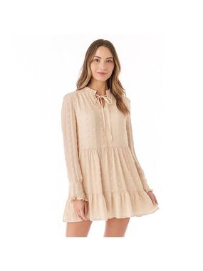 Listicle Beige Mini Dress Long Sleeve Textured Dot Ruffle Hem Tie Neck M